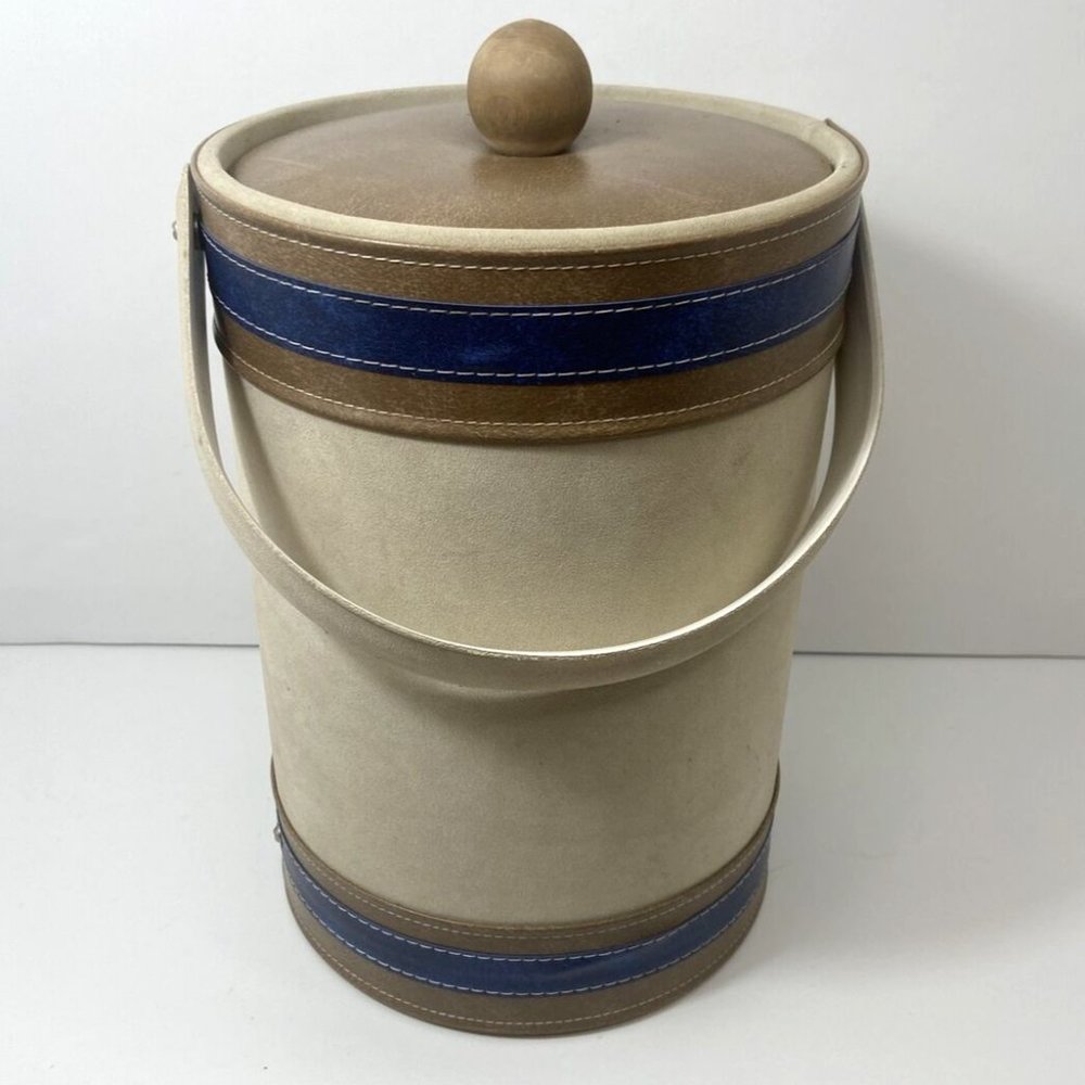 1970s Georges Briard Beige Suede Brown and Navy Trim Lid and Handle Ice Bucket